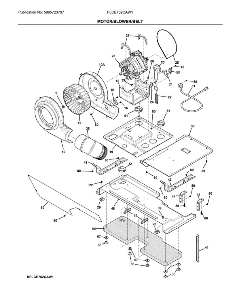 Motor/Blower/Belt Diagram and Parts List for FLCE752CAW1  Frigidaire Washer Dryer Combo