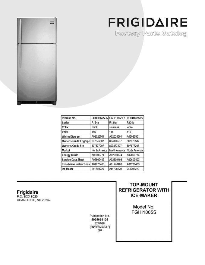 01 - Cover Sheet Diagram and Parts List for FGHI1865SE5  Frigidaire Refrigerator