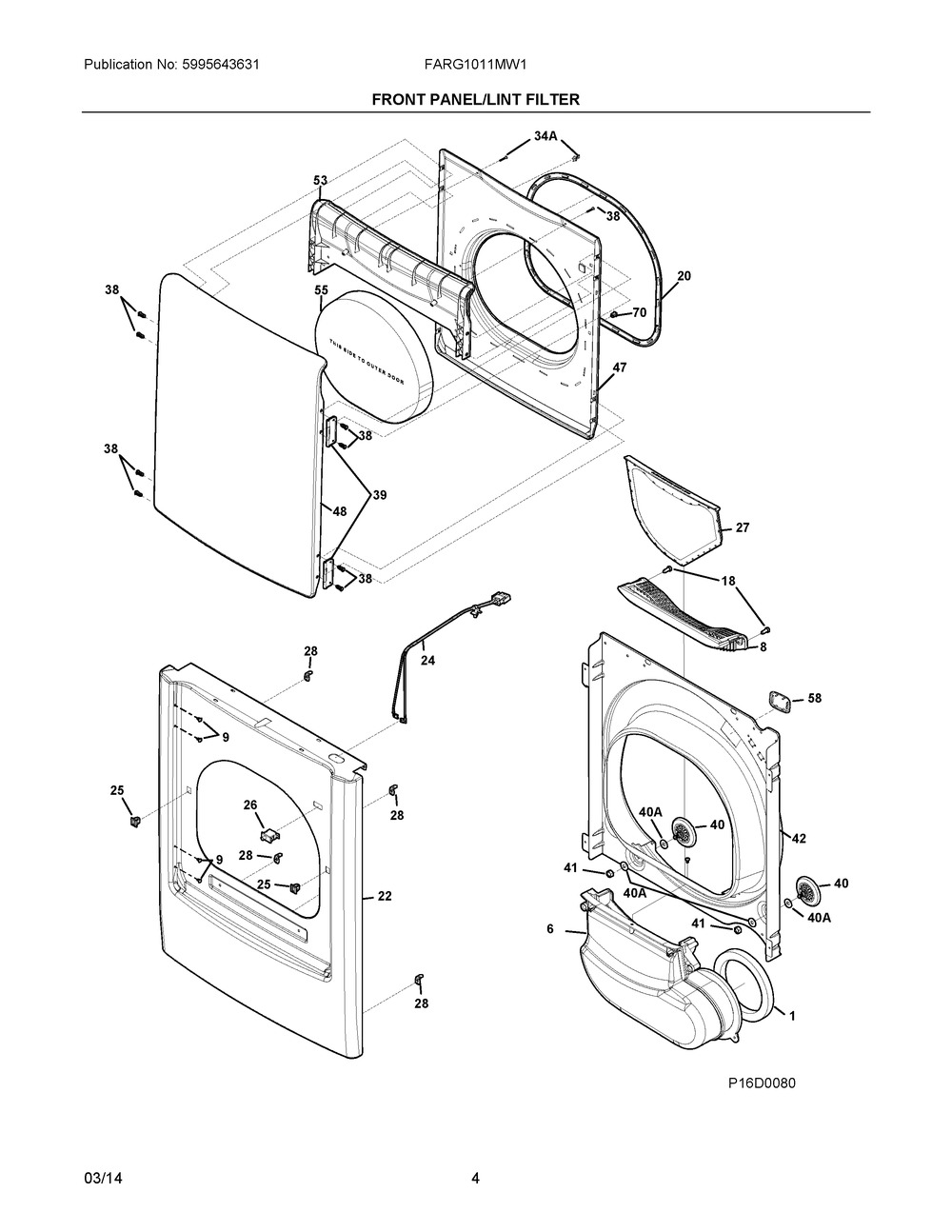 Front Panel/lint Filter Diagram and Parts List for FARG1011MW1  Frigidaire Dryer