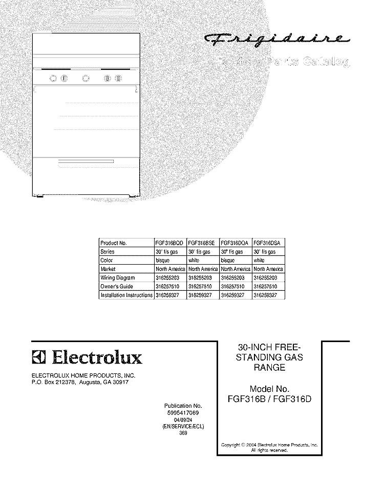 COVER Diagram and Parts List for FGF316BSE  Frigidaire Range