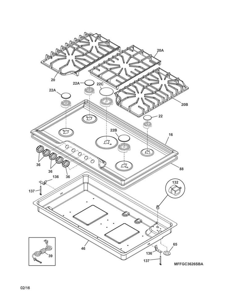 Cook Top Diagram and Parts List for FFGC3626SBA  Frigidaire Cooktop