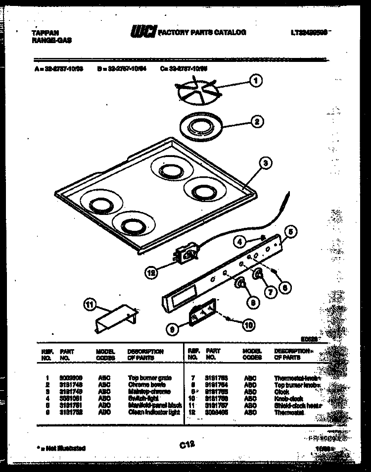 COOKTOP PARTS Diagram and Parts List for 32-2757-00-03  Tappan Range