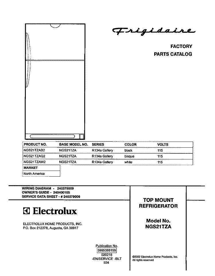 COVER Diagram and Parts List for NGS21TZAB2  Frigidaire Refrigerator