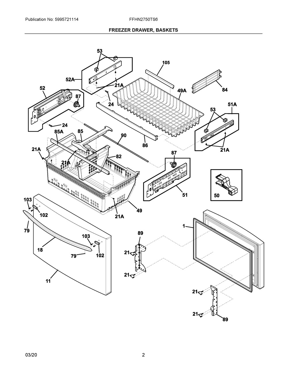 Freezer Drawer, Baskets Diagram and Parts List for FFHN2750TS6  Frigidaire Refrigerator