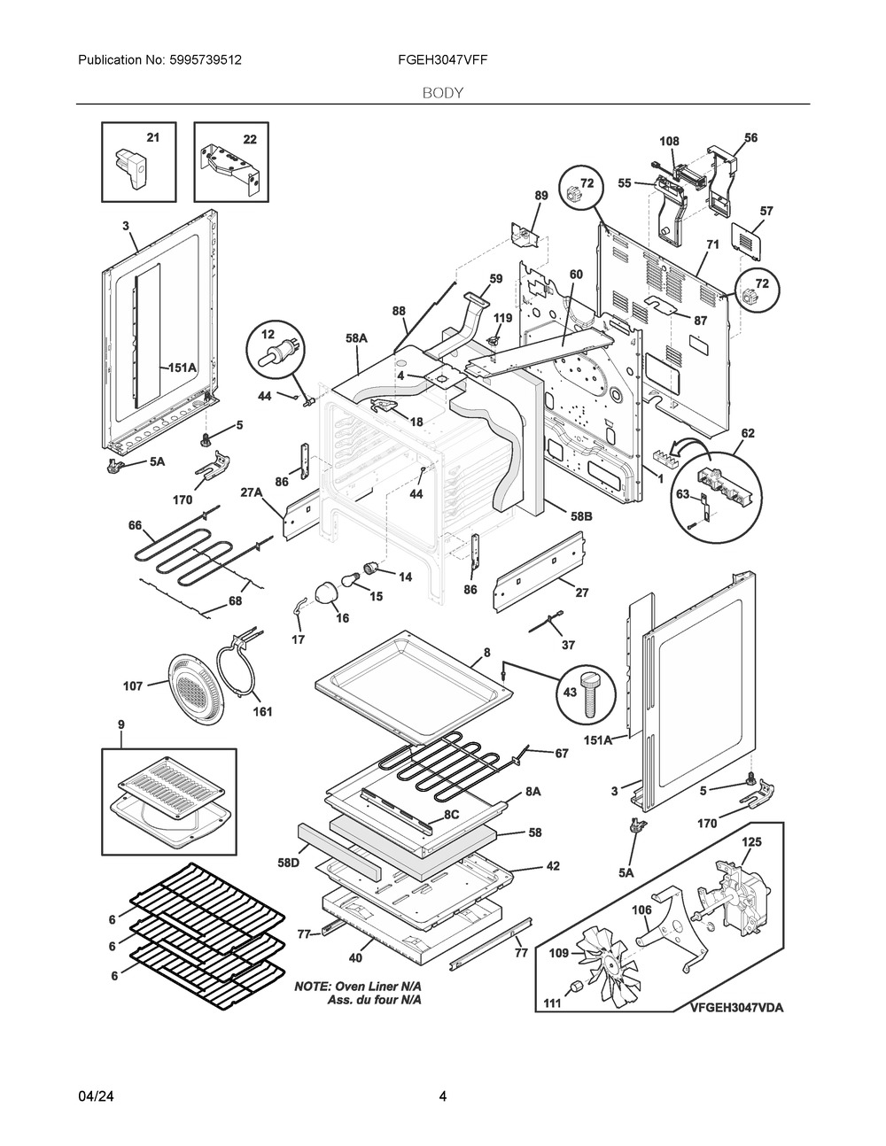 Body Diagram and Parts List for FGEH3047VFF  Frigidaire Range