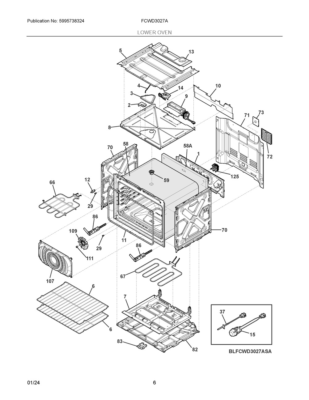 Lower Oven Diagram and Parts List for FCWD3027ABD  Frigidaire Wall Oven
