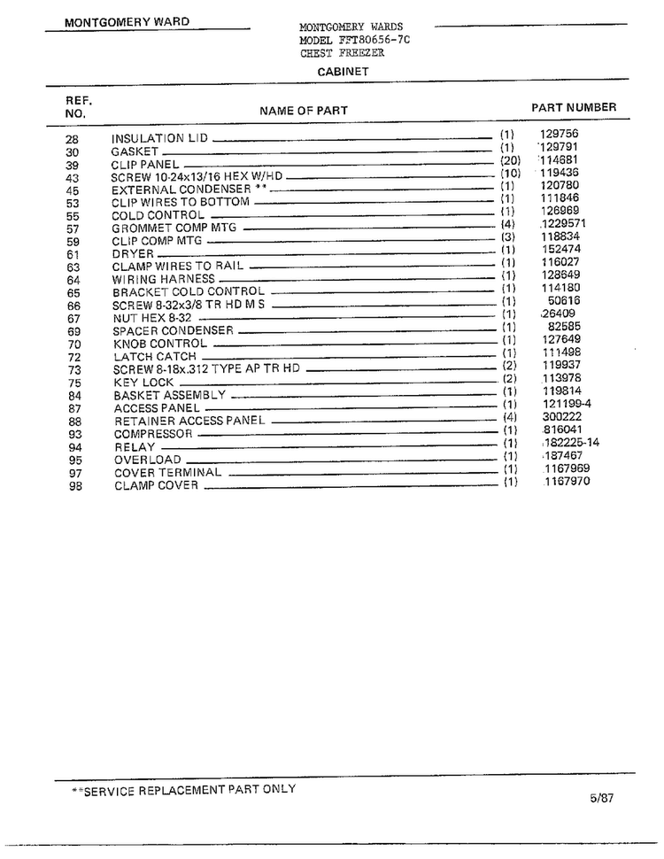 Cabinet Page 2 Diagram and Parts List for 80656-7C  Frigidaire Freezer