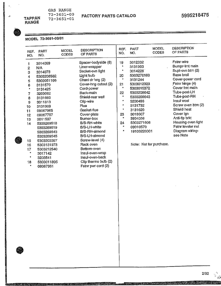 Gas Range Page 9 Diagram and Parts List for 72-3651-00  Tappan Range