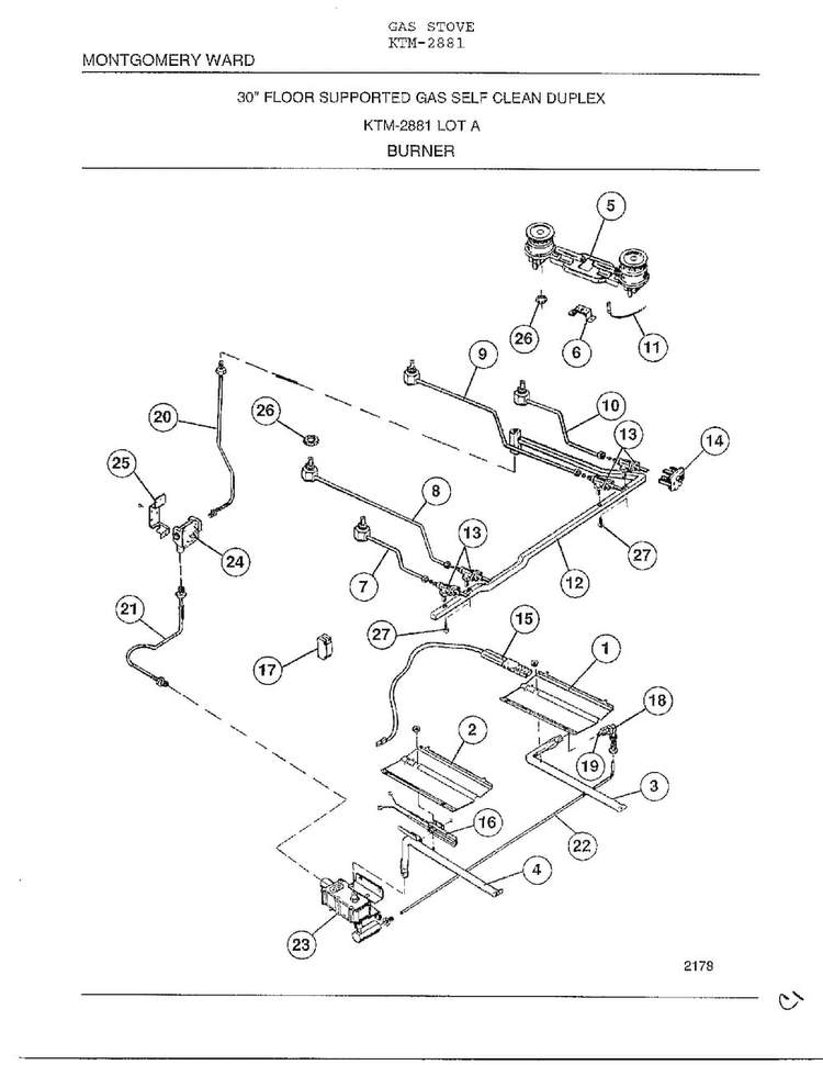 Burner Diagram and Parts List for 2881  Frigidaire Range