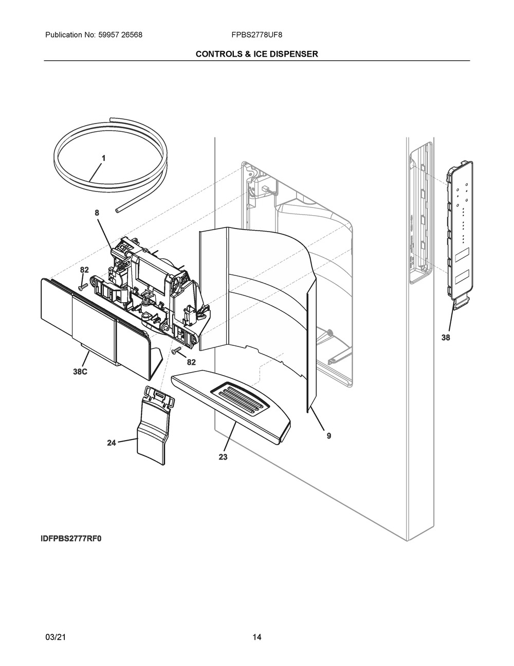 Controls And Ice Dispenser Diagram and Parts List for FPBS2778UF8  Frigidaire Refrigerator