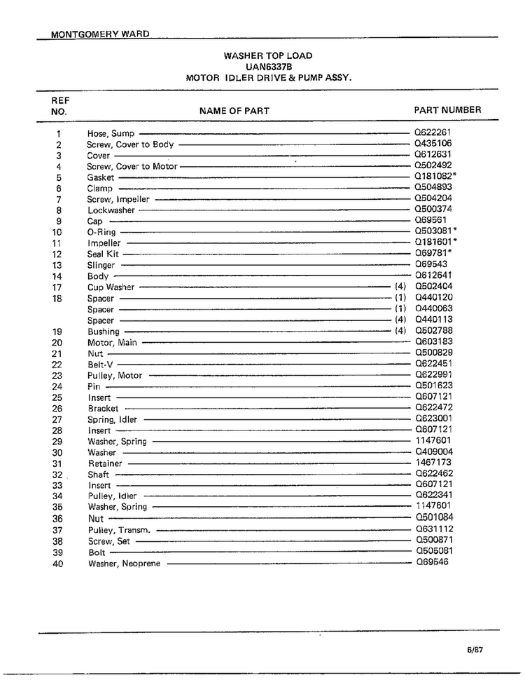 Motor, Idler Drive And Pump Assy Page 2 Diagram and Parts List for 6337B  Frigidaire Washer