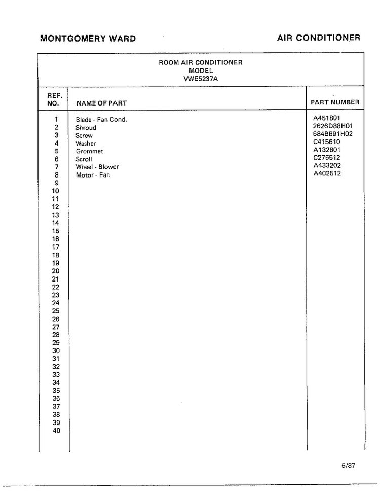 Room Air Conditioner Page 6 Diagram and Parts List for 5237A  Frigidaire Air Conditioner