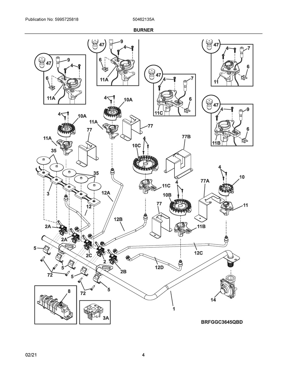 Burner Diagram and Parts List for 50462135A  Frigidaire Cooktop