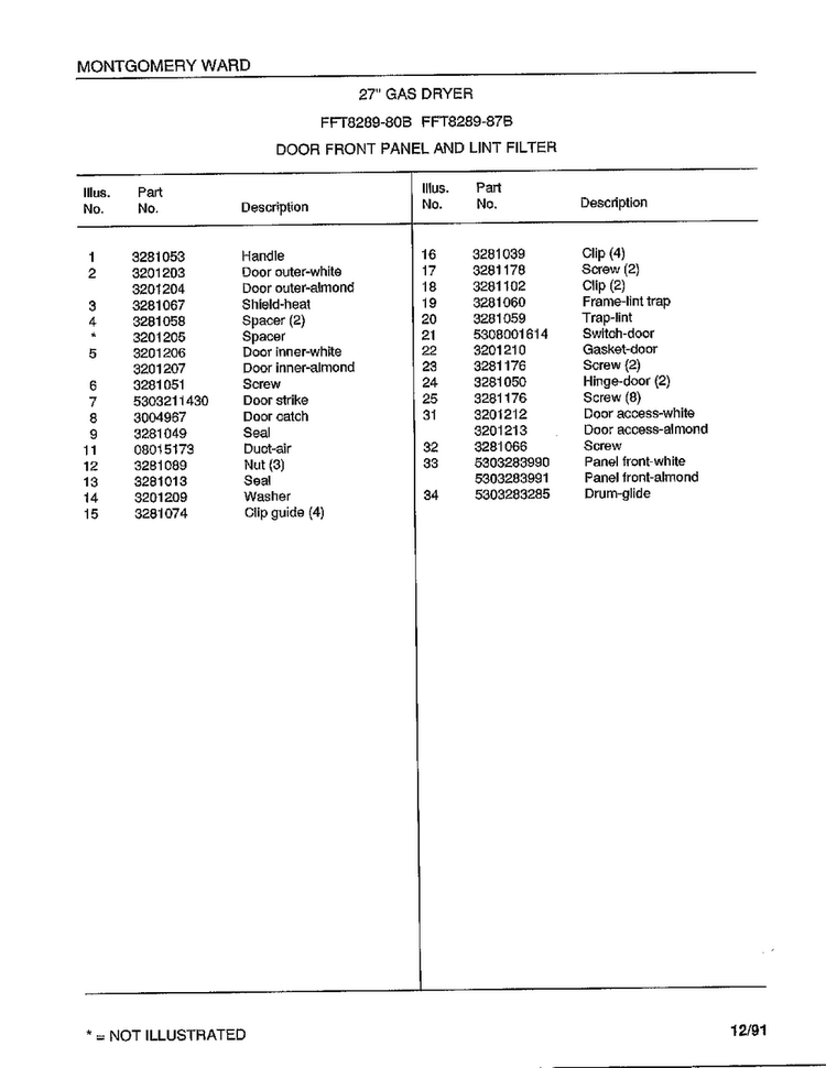 Door Front Panel And Lint Filter Page 2 Diagram and Parts List for 8289-80B  Frigidaire Dryer