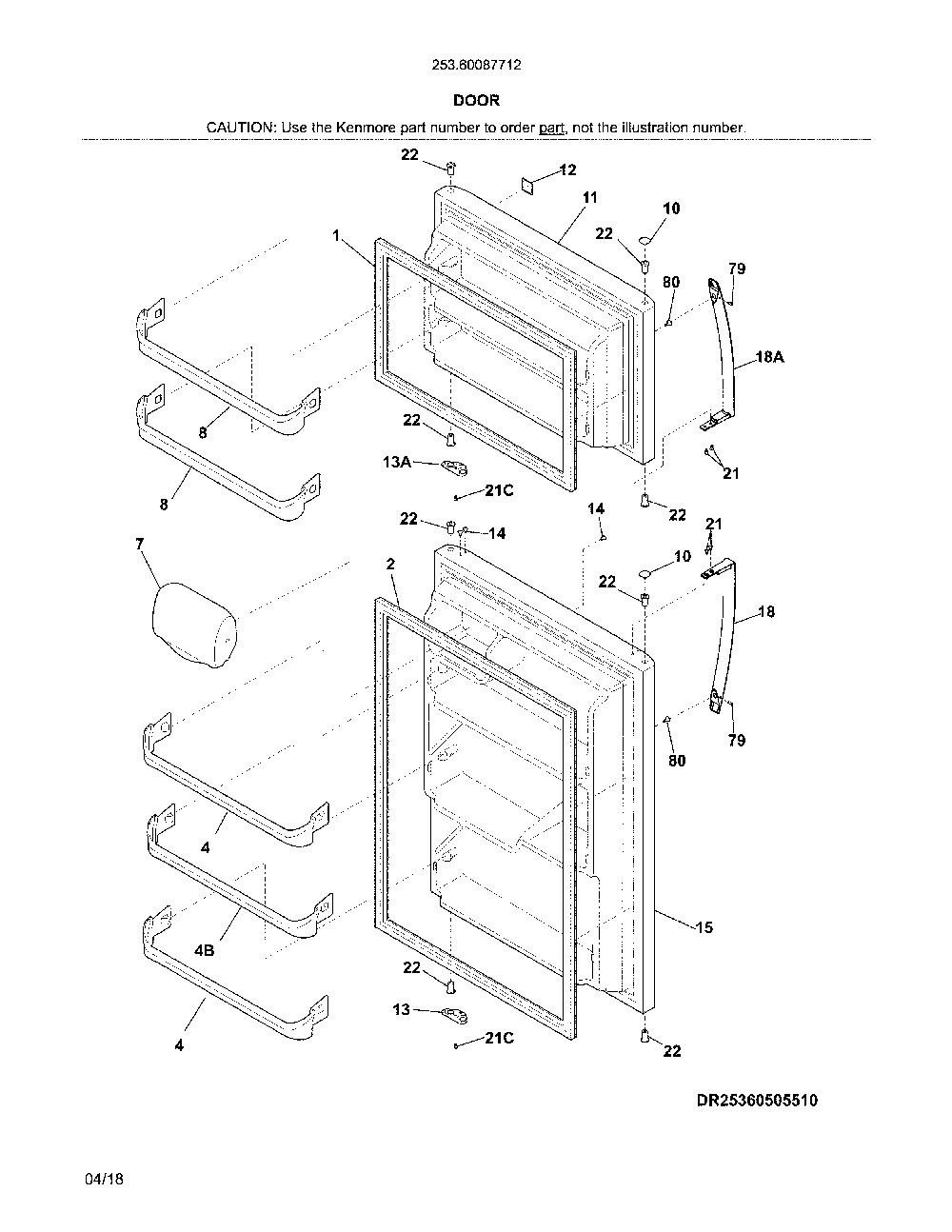 Doors Diagram and Parts List for 25360087712  Kenmore Refrigerator