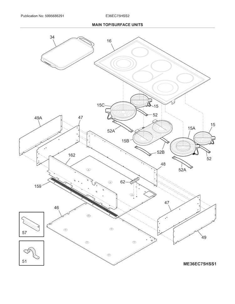 Main Top/surface Units Diagram and Parts List for E36EC75HSS2  Electrolux Cooktop
