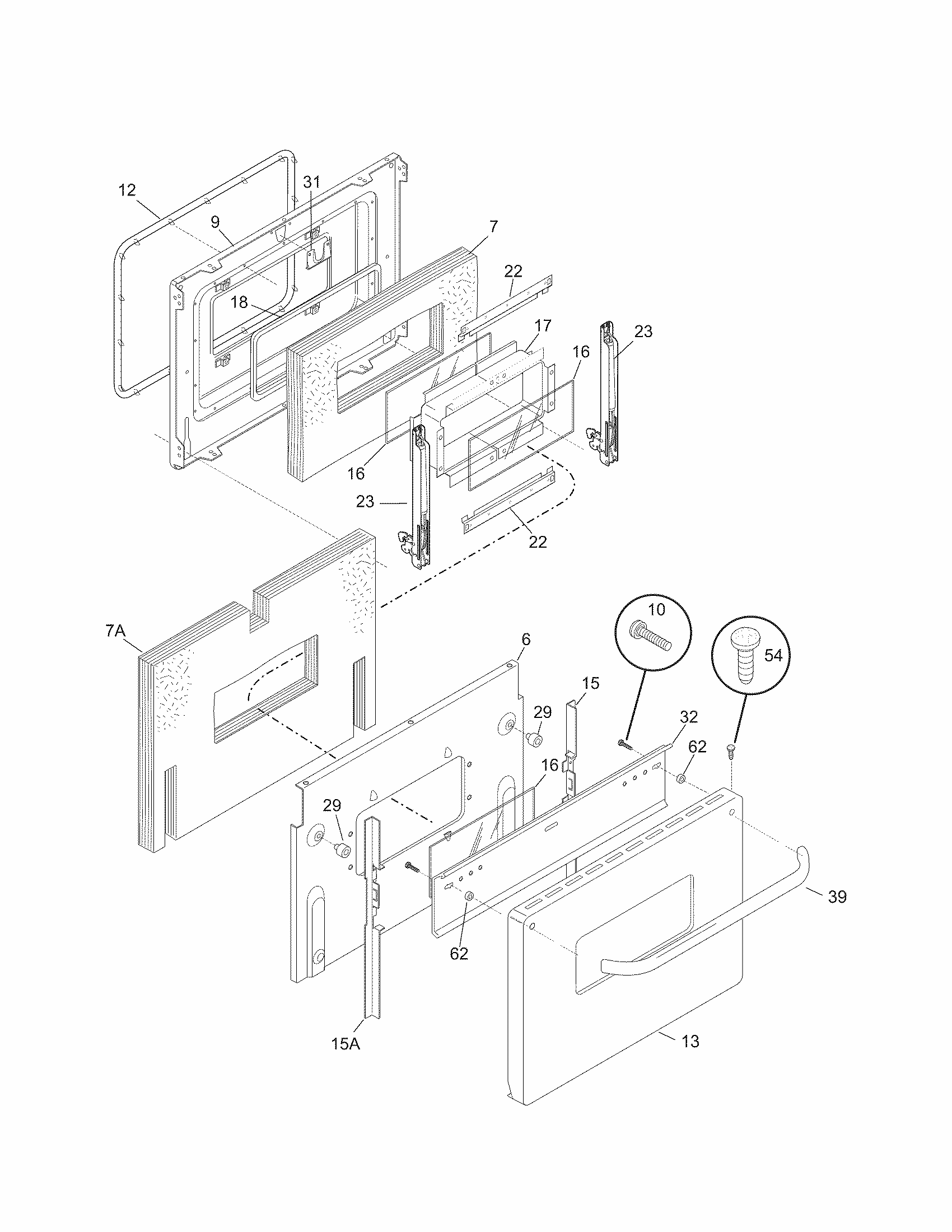 Door Diagram and Parts List for 79090153408  Kenmore Range