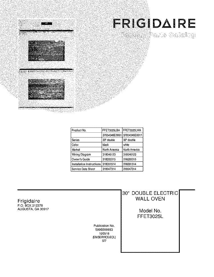 COVER Diagram and Parts List for FFET3025LBA  Frigidaire Wall Oven