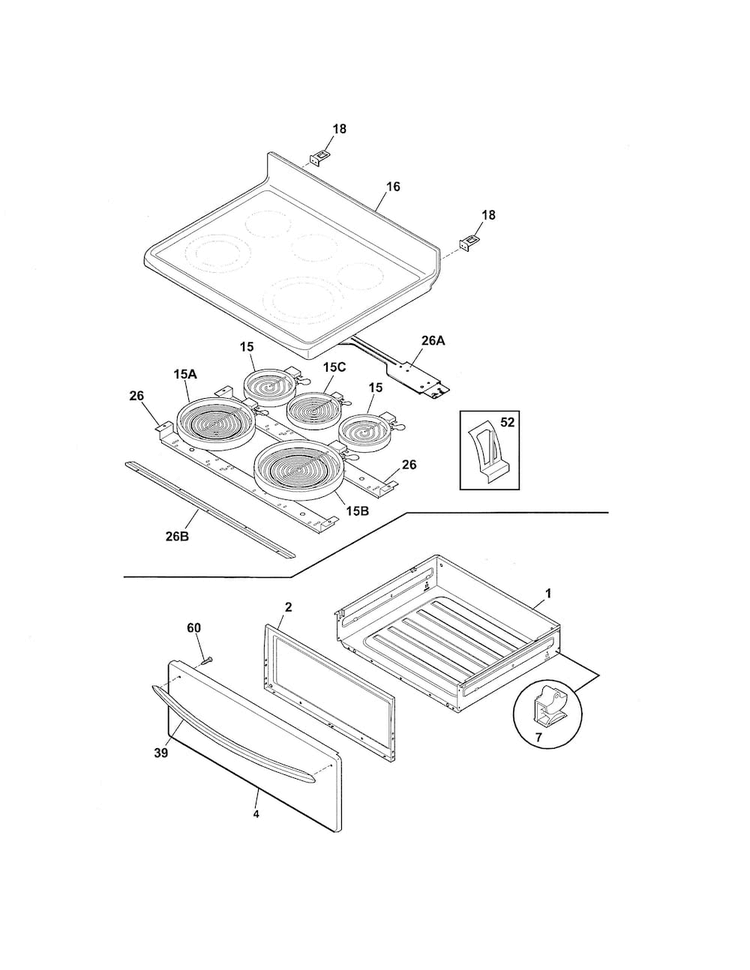 Top/drawer Diagram and Parts List for LGEF3043KFN  Frigidaire Range