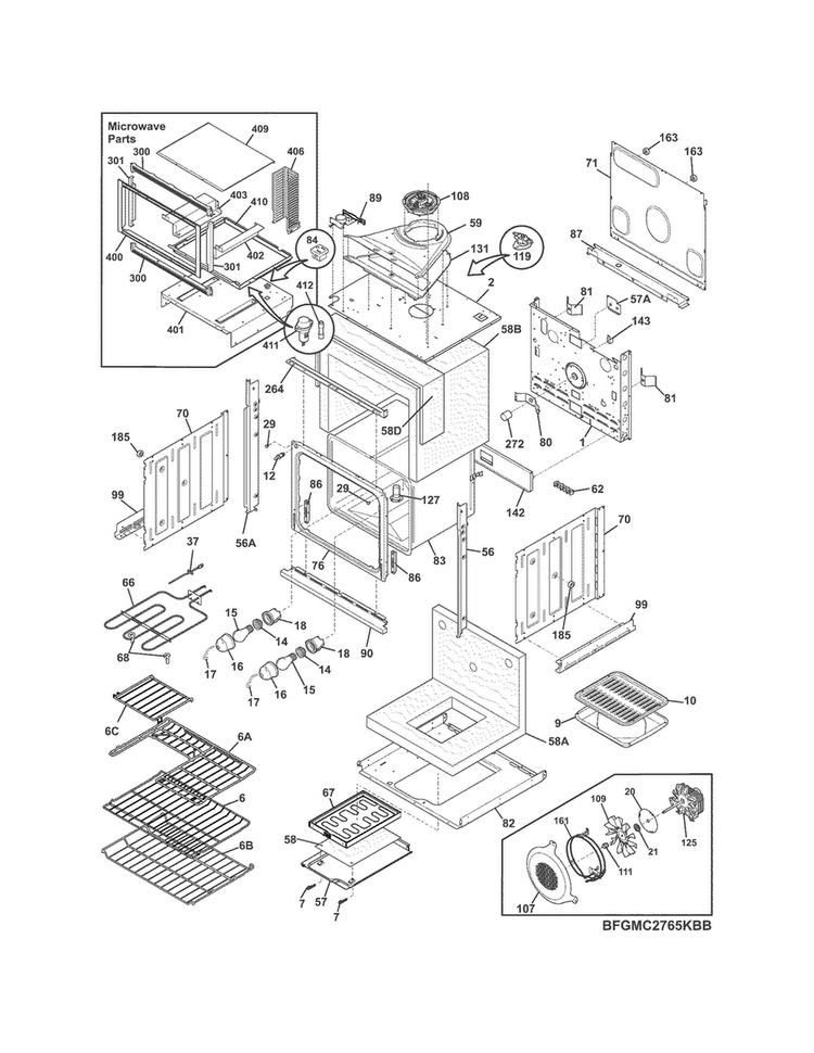 Lower Oven Diagram and Parts List for FPMC2785KFB  Frigidaire Microwave Oven Combo