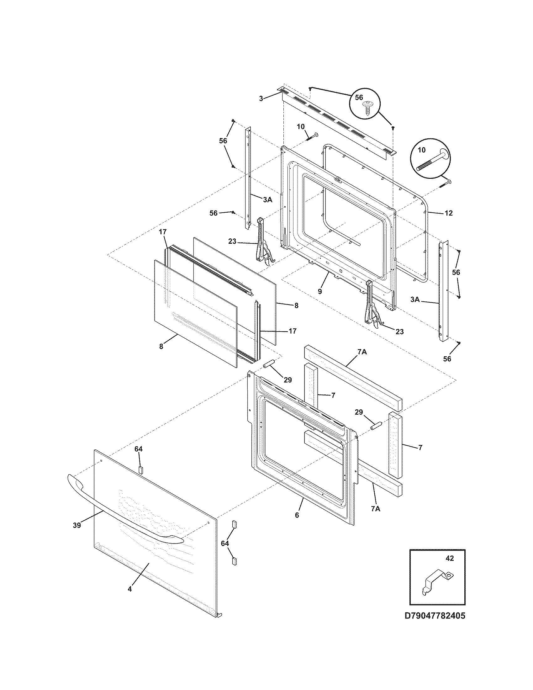 Door Diagram and Parts List for 79047784407  Kenmore Wall Oven