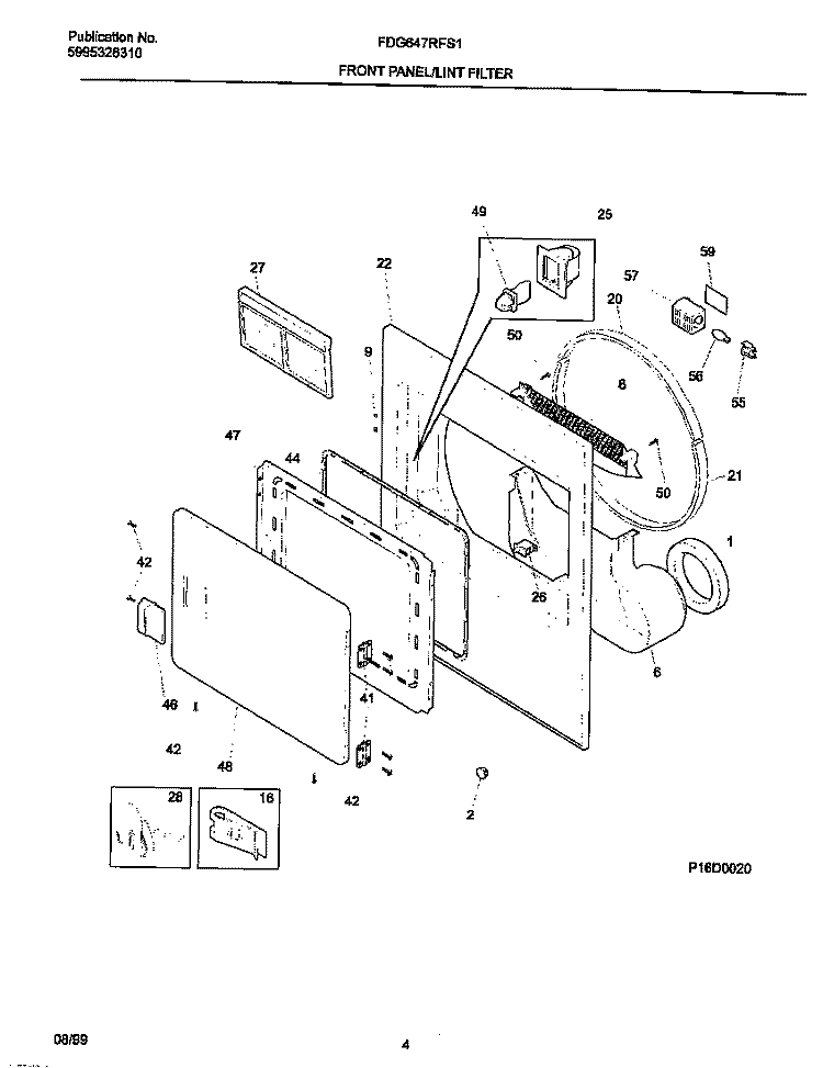 P16D0020 FRNT PNL, DOOR Diagram and Parts List for FDG647RFS1  Frigidaire Dryer