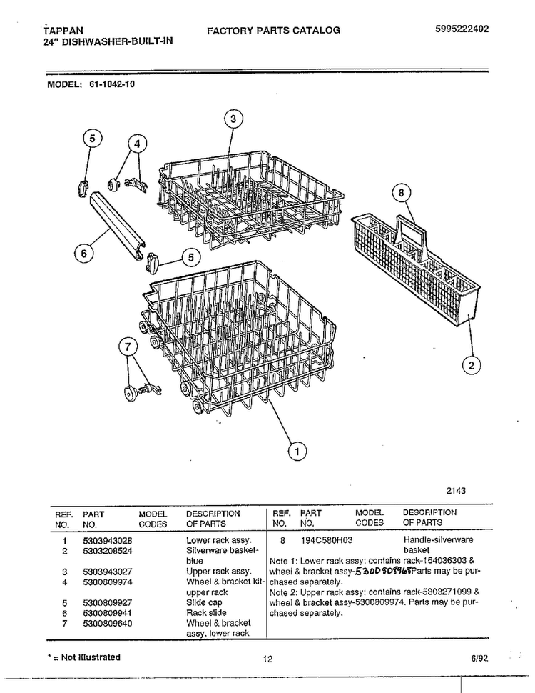24" Built-in Dishwasher Page 11 Diagram and Parts List for 61-1042-10  Tappan Dishwasher