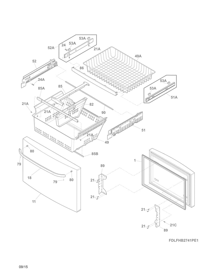 Freezer Drawer, Baskets Diagram and Parts List for LFHB2741PF5A  Frigidaire Refrigerator