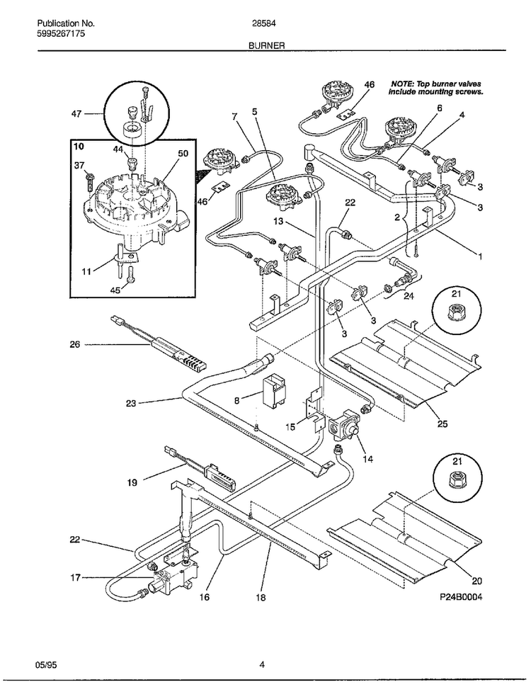 Burner Diagram and Parts List for 285847B  Frigidaire Range