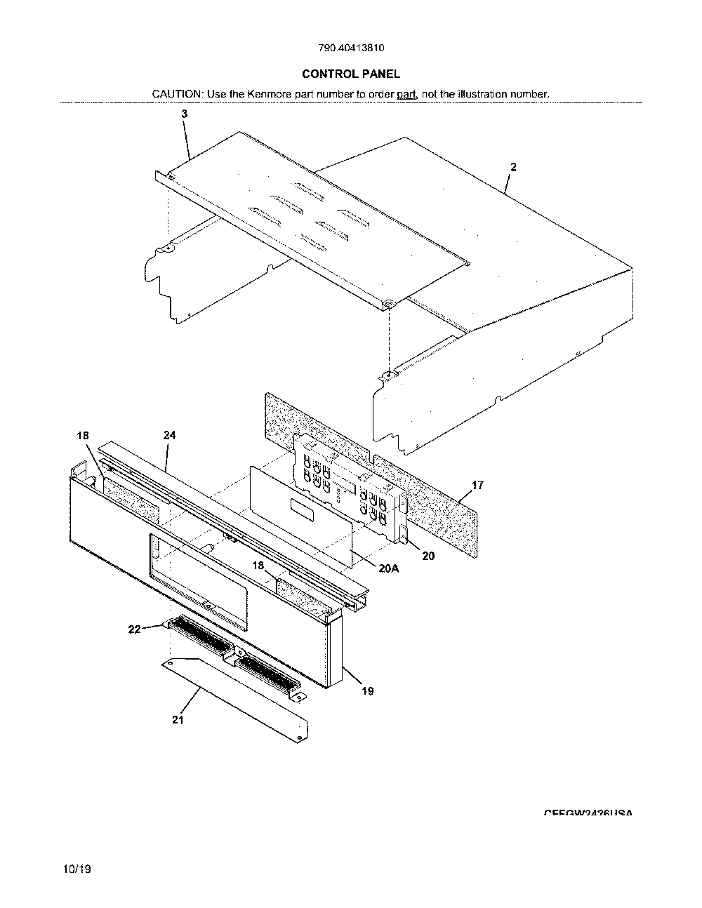 Control panel Diagram and Parts List for 79040413810  Kenmore Wall Oven