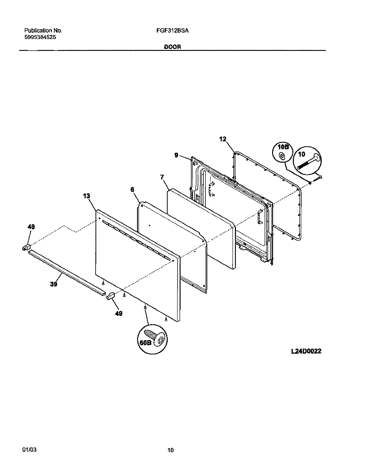 DOOR Diagram and Parts List for FGF312BSA  Frigidaire Range