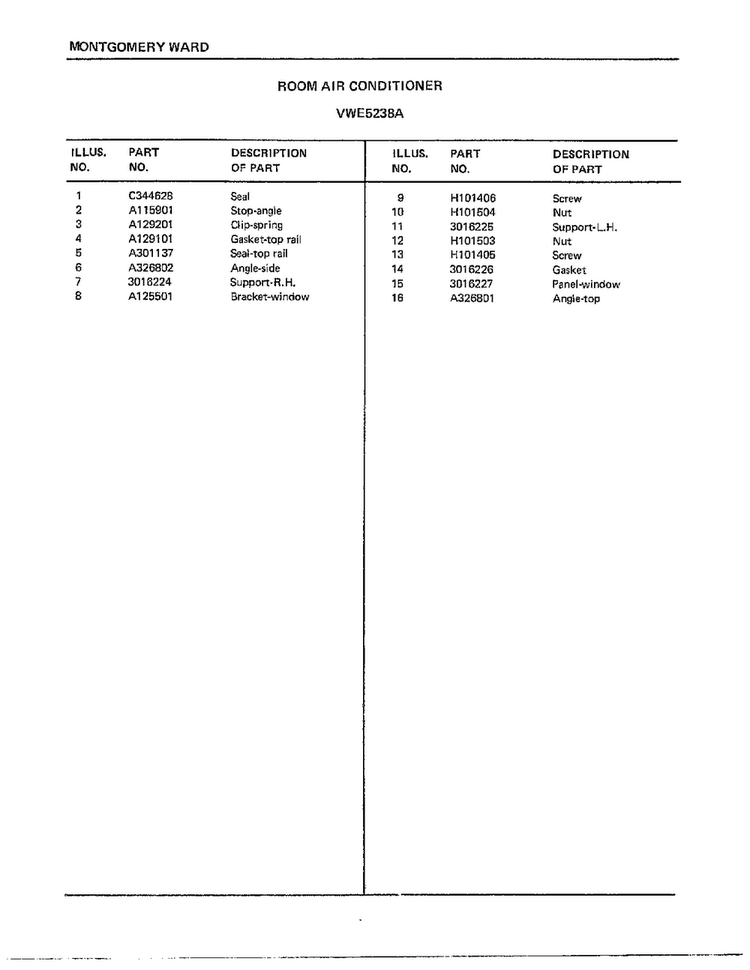 Room Air Conditioner  Page 2 Diagram and Parts List for 5238A  Frigidaire Air Conditioner