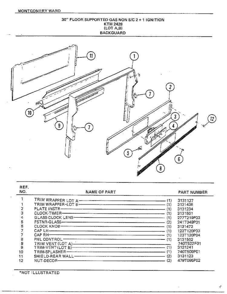 Backguard Diagram and Parts List for 2428B  Frigidaire Range