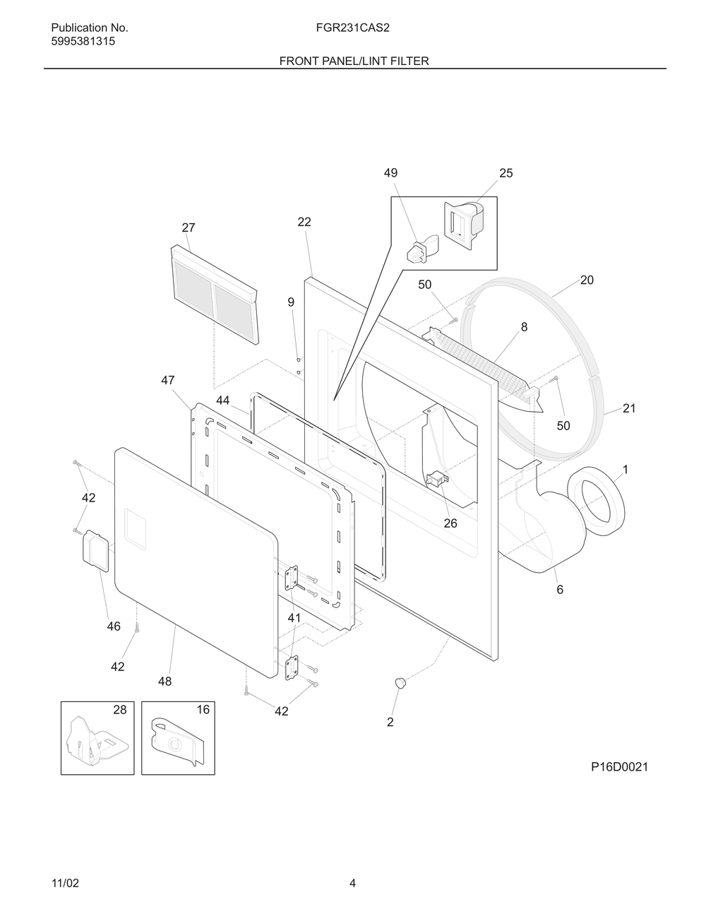 Front Panel/Lint Filter Diagram and Parts List for FGR231CAS2  Frigidaire Dryer