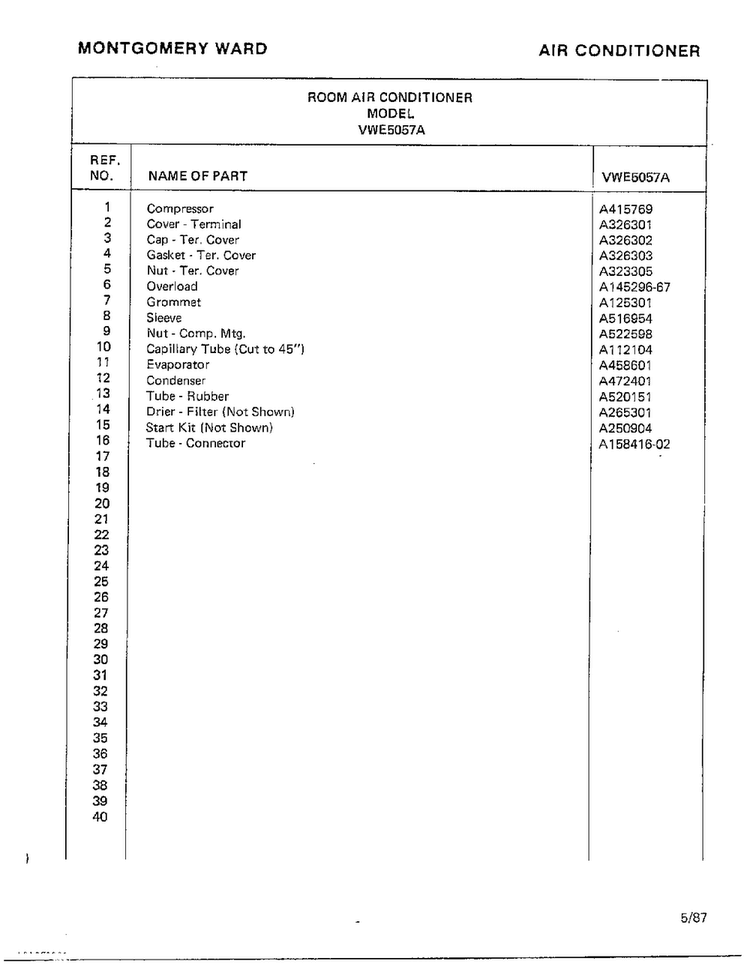 Air Conditioner Page 6 Diagram and Parts List for 5057A  Frigidaire Air Conditioner