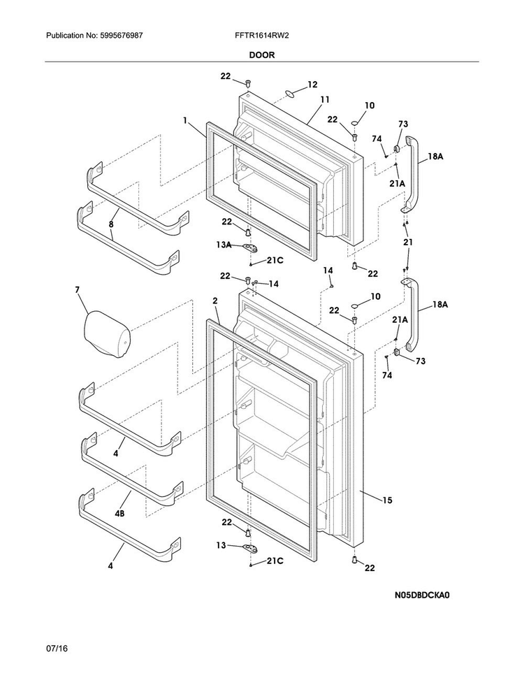 Doors Diagram and Parts List for FFTR1614RW2  Frigidaire Refrigerator