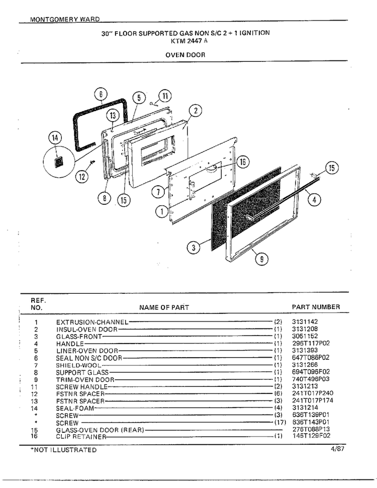 30" Floor/oven Door Diagram and Parts List for 2447A  Frigidaire Range
