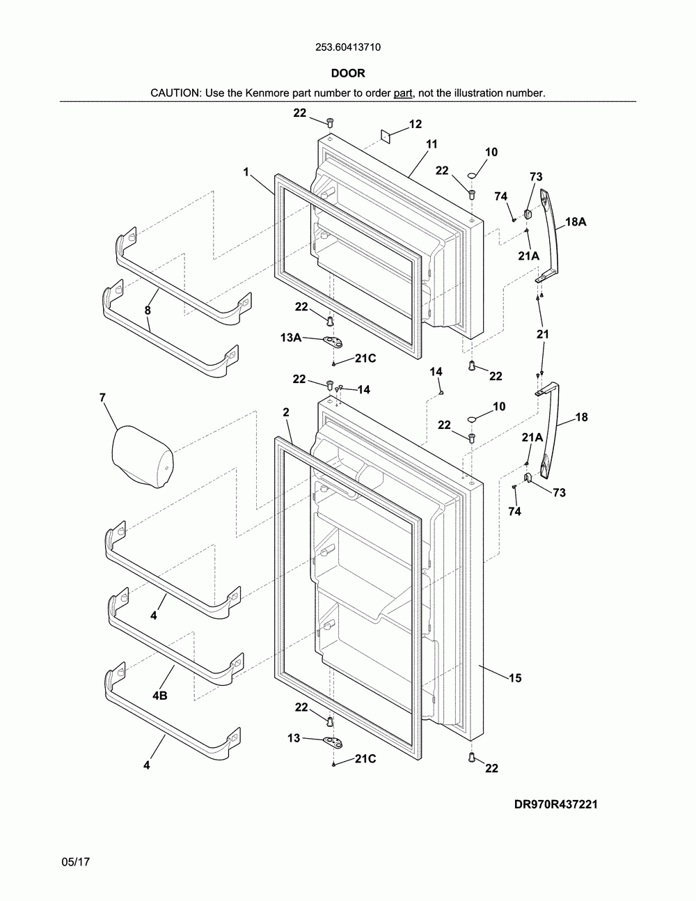 Doors Diagram and Parts List for 25360413710  Kenmore Refrigerator