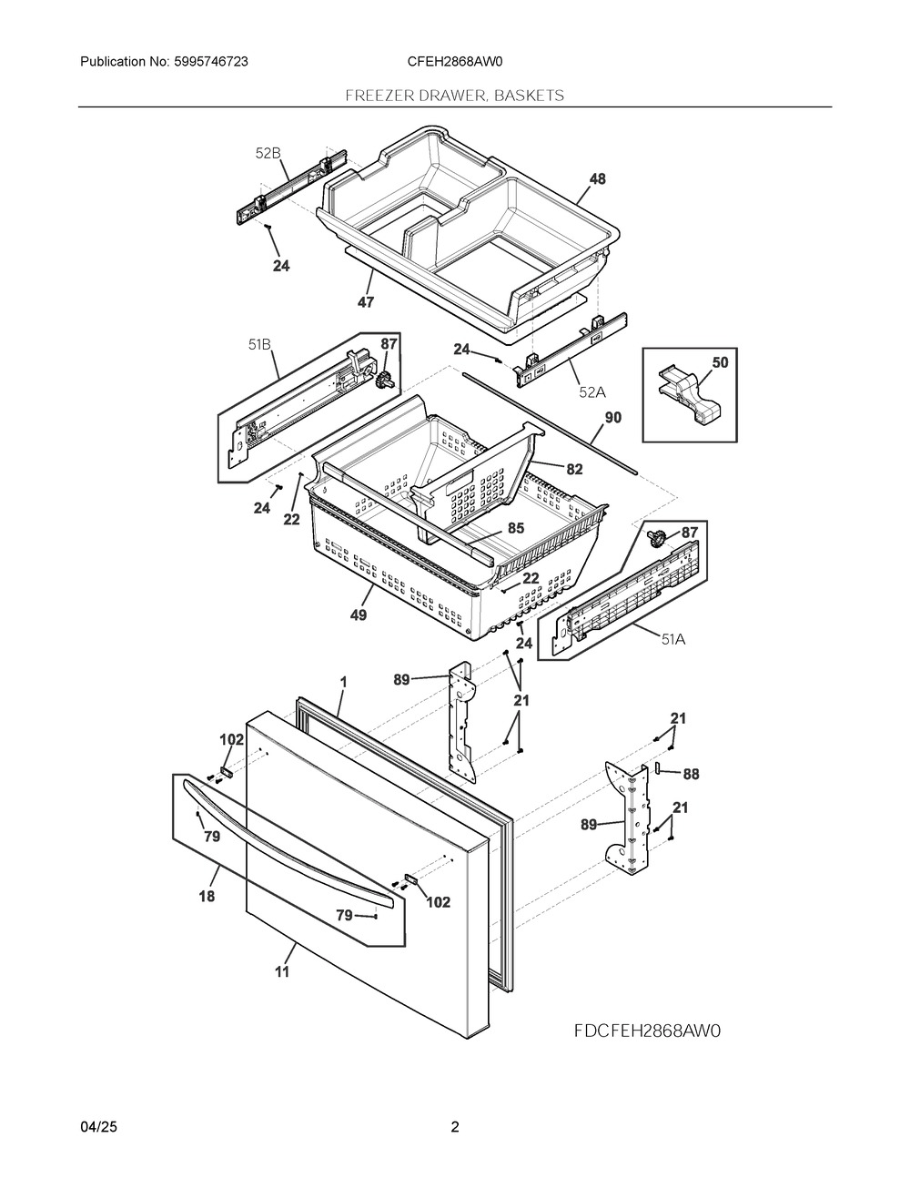 Freezer Drawer, Baskets Diagram and Parts List for CFEH2868AW0  Frigidaire Refrigerator