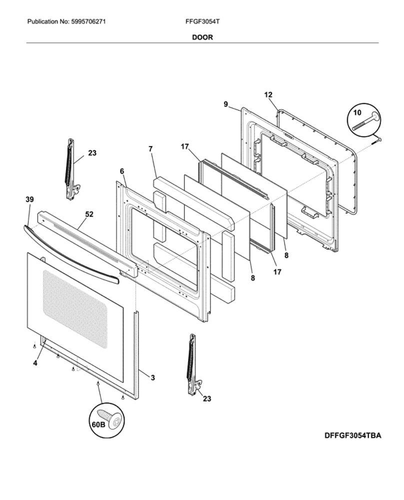 Door Diagram and Parts List for FFGF3054TWC  Frigidaire Range