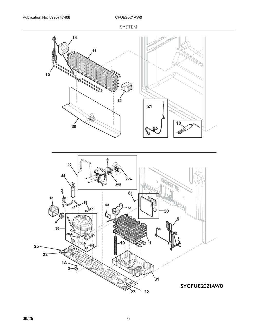 System Diagram and Parts List for CFUE2021AW0  Frigidaire Freezer