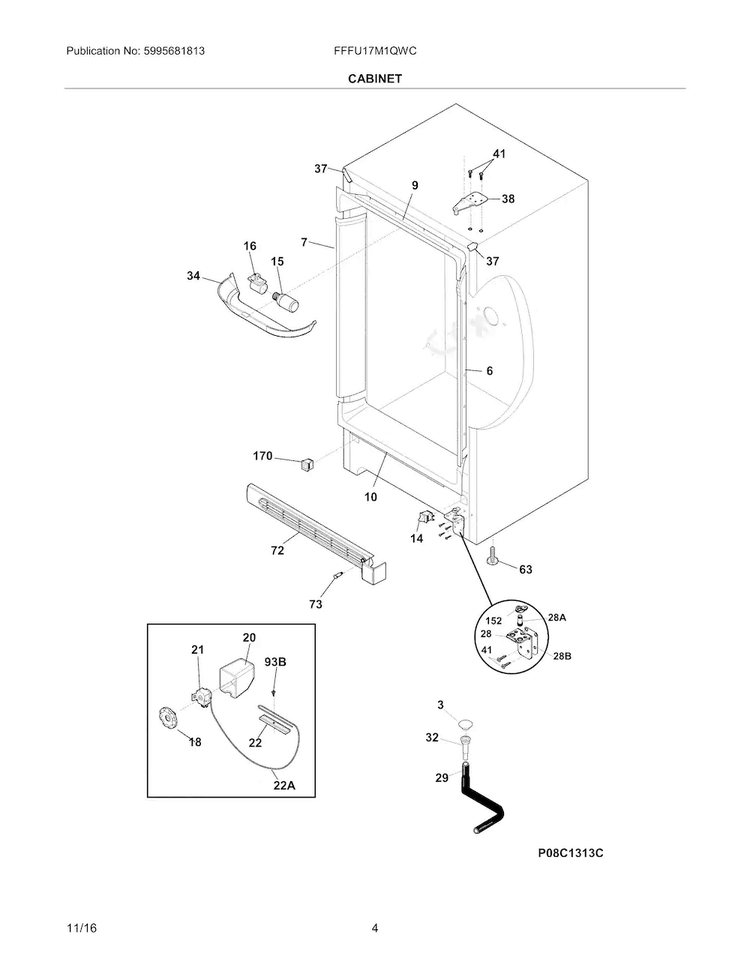 Cabinet Diagram and Parts List for FFFU17M1QWC  Frigidaire Freezer