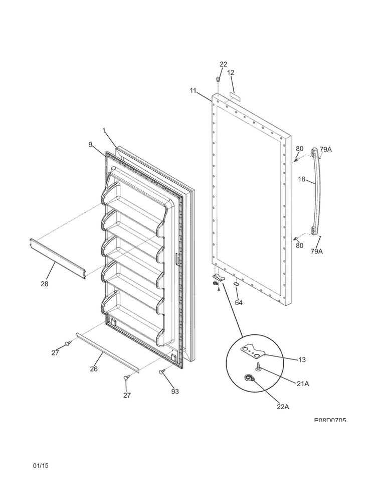 Door Diagram and Parts List for FFFU13M1QWB  Frigidaire Freezer