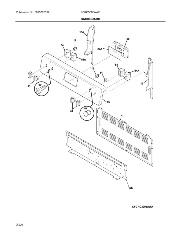 Backguard Diagram and Parts List for FCRC3005AWC  Frigidaire Range