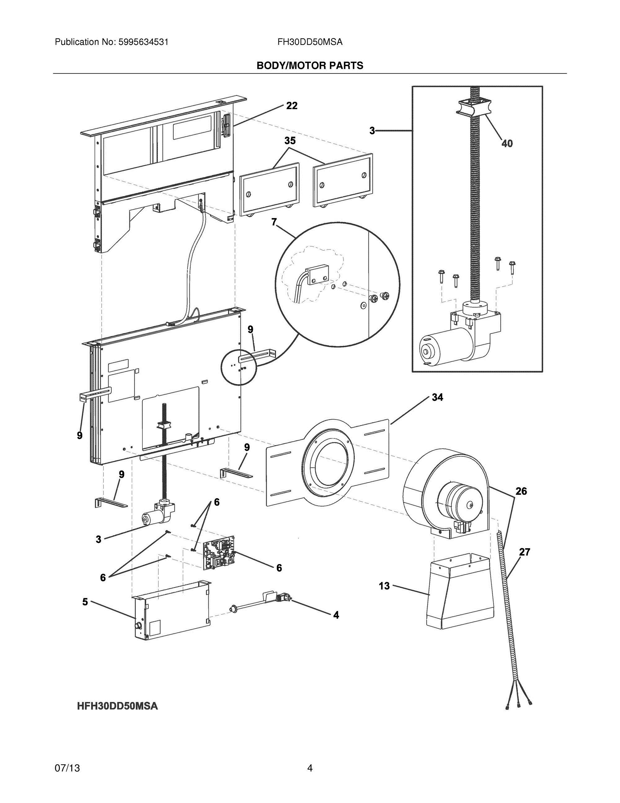 05 - BODY/MOTOR PARTS Diagram and Parts List for FH30DD50MSA  Frigidaire Range Hood