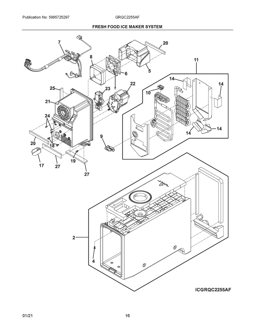 Fresh Food Ice Maker System Diagram and Parts List for GRQC2255AF  Frigidaire Refrigerator