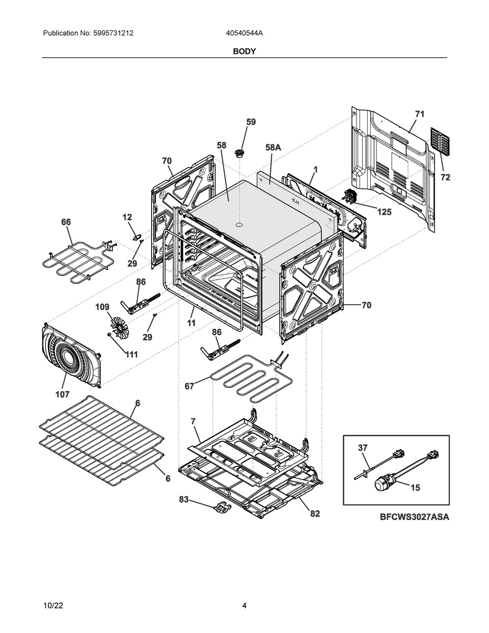 Body Diagram and Parts List for 40540544A  Frigidaire Wall Oven