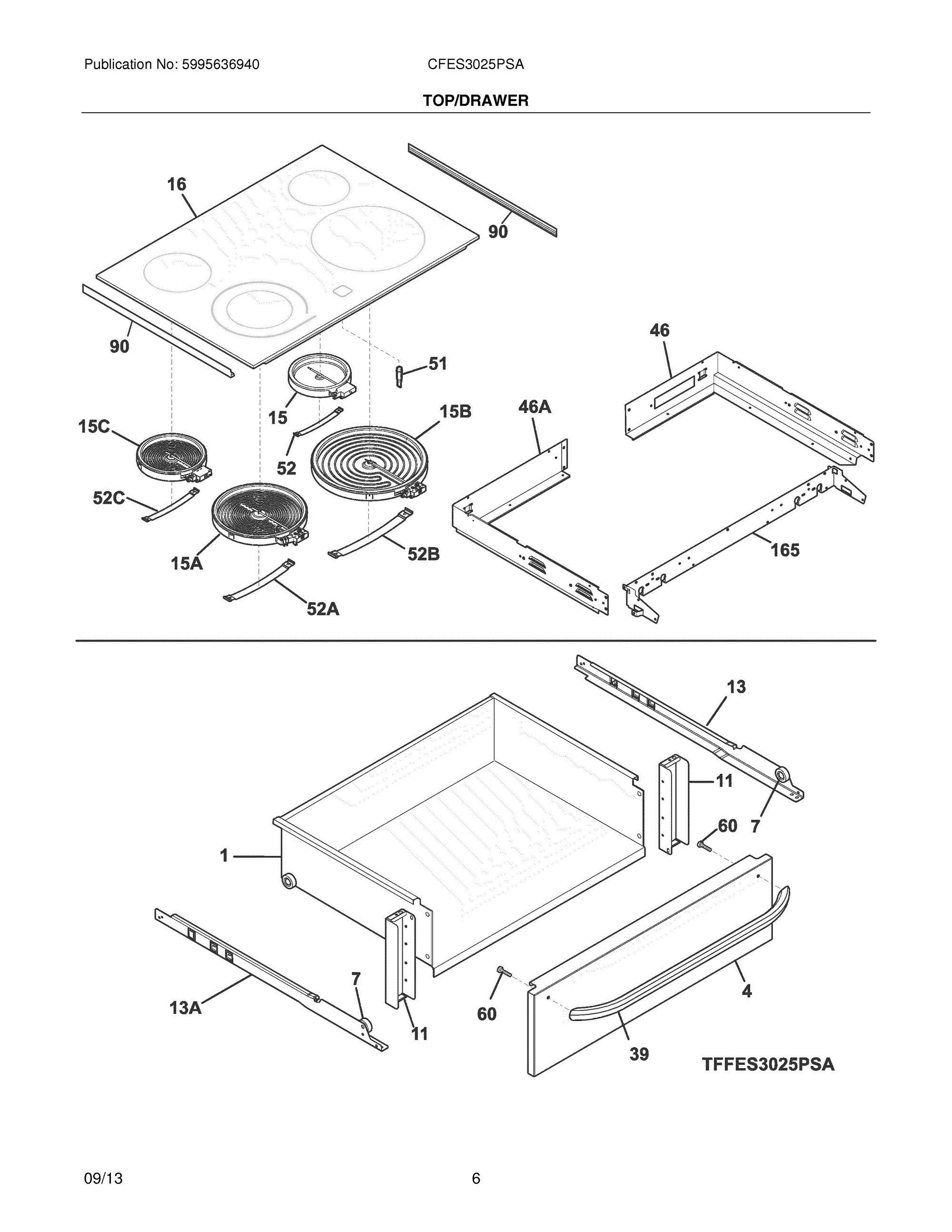07 - TOP/DRAWER Diagram and Parts List for CFES3025PSA  Frigidaire Range
