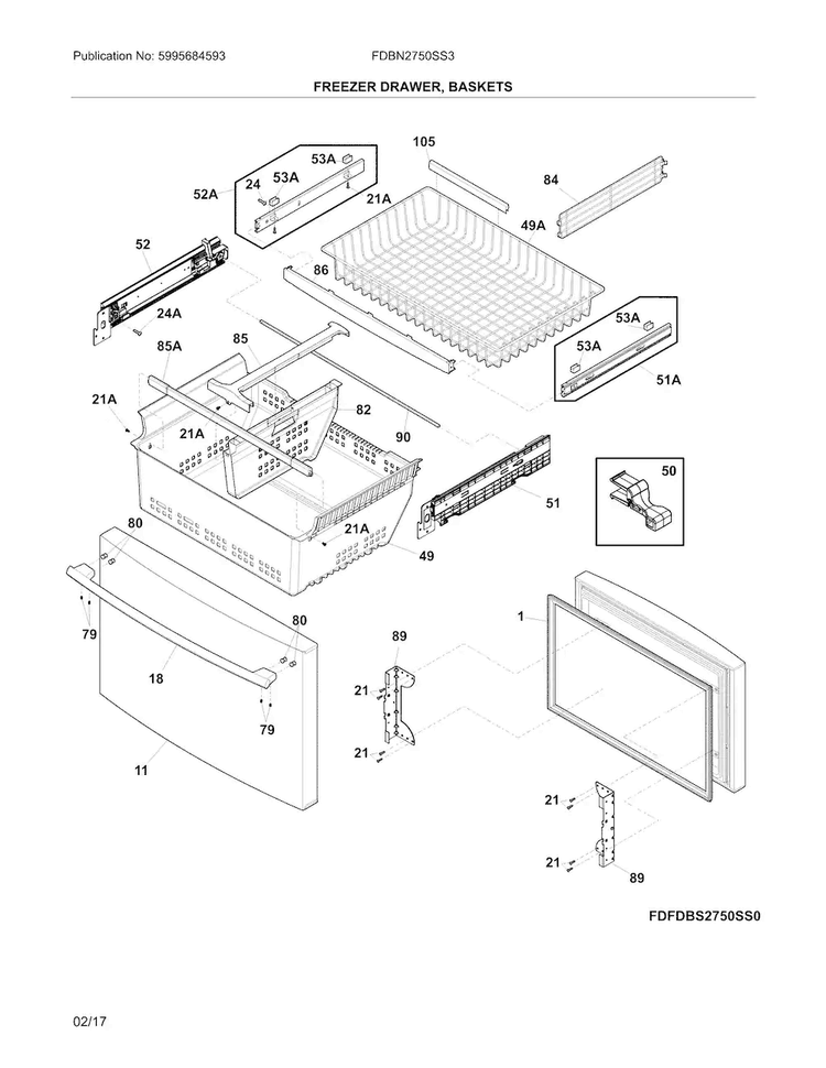 Freezer Drawer, Baskets Diagram and Parts List for FDBN2750SS3  Frigidaire Refrigerator