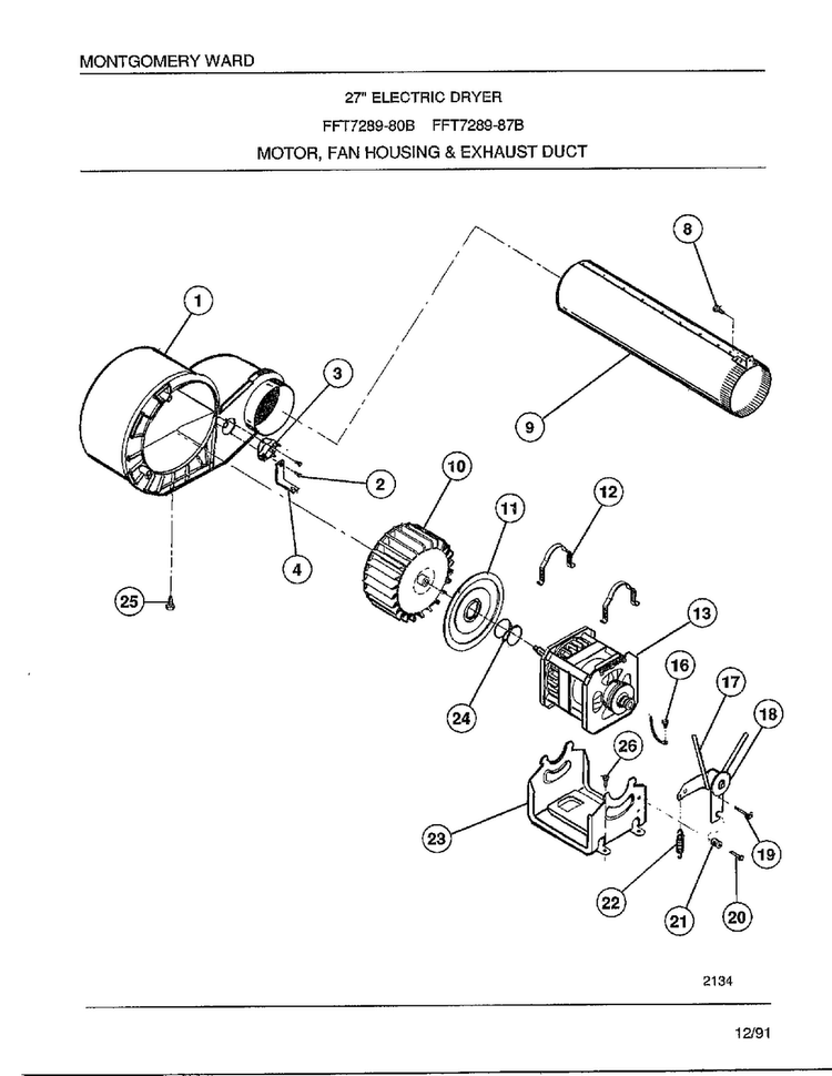 Motor/ Fan Housing And Exhaust Duct Diagram and Parts List for 7289-80B  Frigidaire Dryer